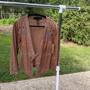 Venezia Brown Embroidered Tie-Front Blouse - Size 14/16 Western